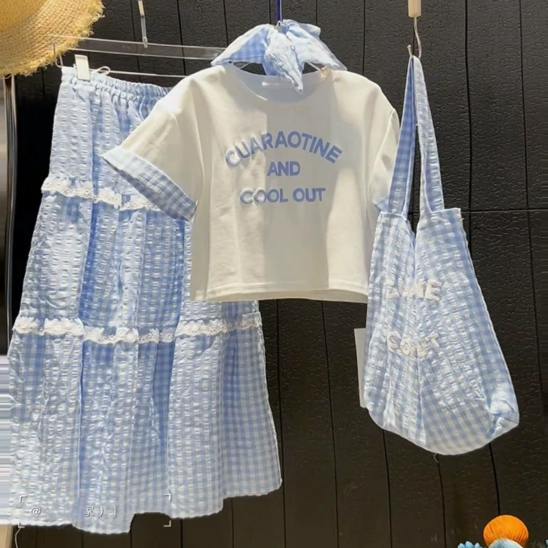 Новый летний комплект из двух предметов для девочек, корейская модная модная универсальная юбка средней длины с короткими рукавами