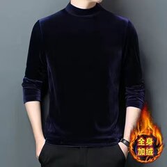 Men's Long Sleeve T-Shirt 2023 New Fleece Lined Warm Gold Velvet Half High Collar Base Layer Top for Men's Inner Wear