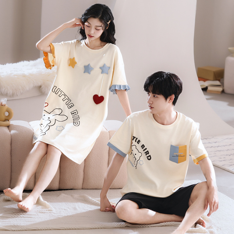 Couple Pajamas Summer 2024 New Cotton Short-sleeved Nightdress Women's Cartoon Cute Men's Casual Home Clothes Summer