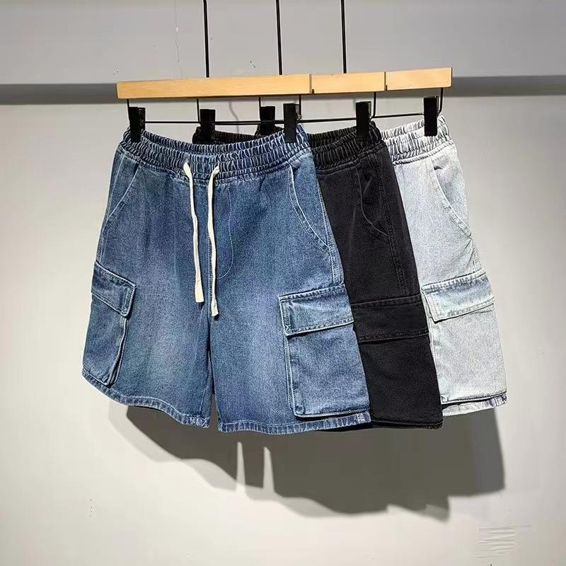 Japanese Style Workwear Functional Elastic Waist Denim Shorts Men's Five-point Pants 2022 Summer New Casual Loose Middle Pants