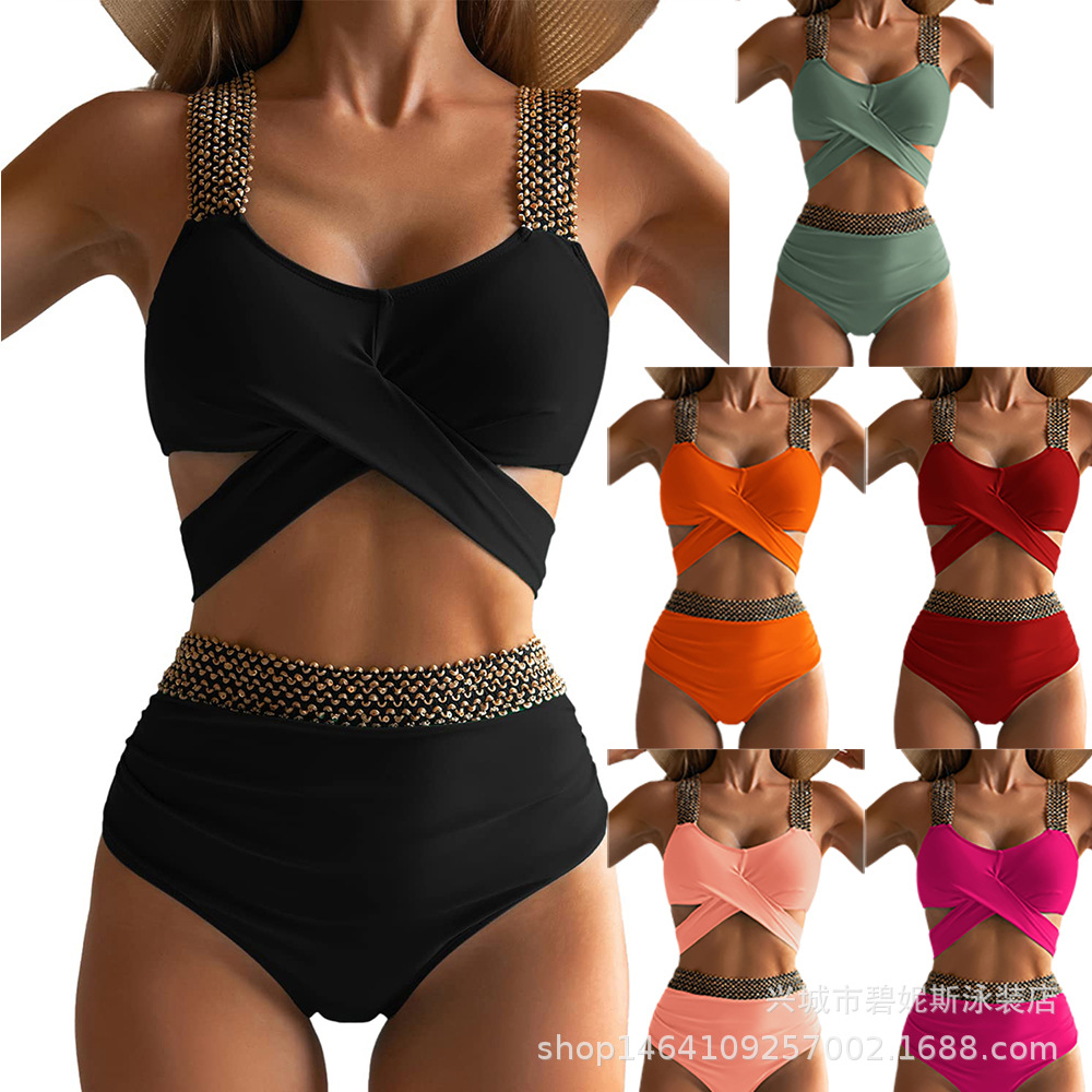 Factory direct swimsuit women's European and American foreign trade split bikini new cross solid color Amazon Xingcheng competition