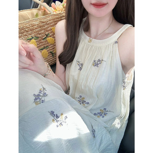 American Retro Summer Korean Sweet Lily of the Valley Flower Print Halter Neck Palace Style Fashionable Casual Dress