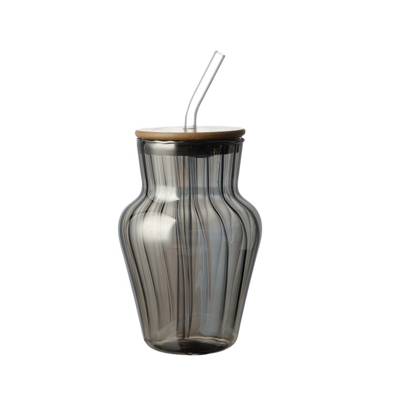 Suministro de tazas de paja de vidrio de alta borosilicona cubierta de madera de bambú tazas de vidrio rayadas tazas de bebida fría tazas de leche ins bebidas frías rojas image 12