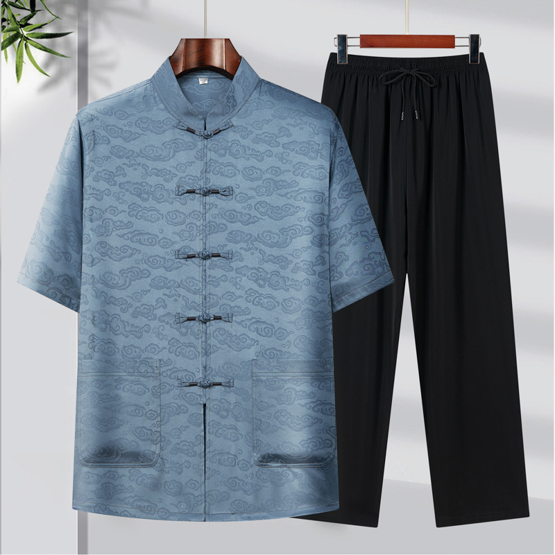Tang suit for middle-aged and elderly men, summer short-sleeved suit, Chinese style, thin, Chinese knot button, ice silk.