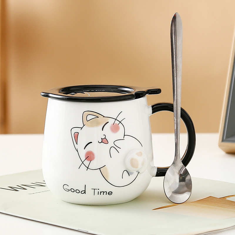 Taza de gato Mark con tapa Cuchara Taza de agua de cerámica Taza de pareja de dibujos animados de cerámica para hombres y mujeres Taza de desayuno de café de oficina
