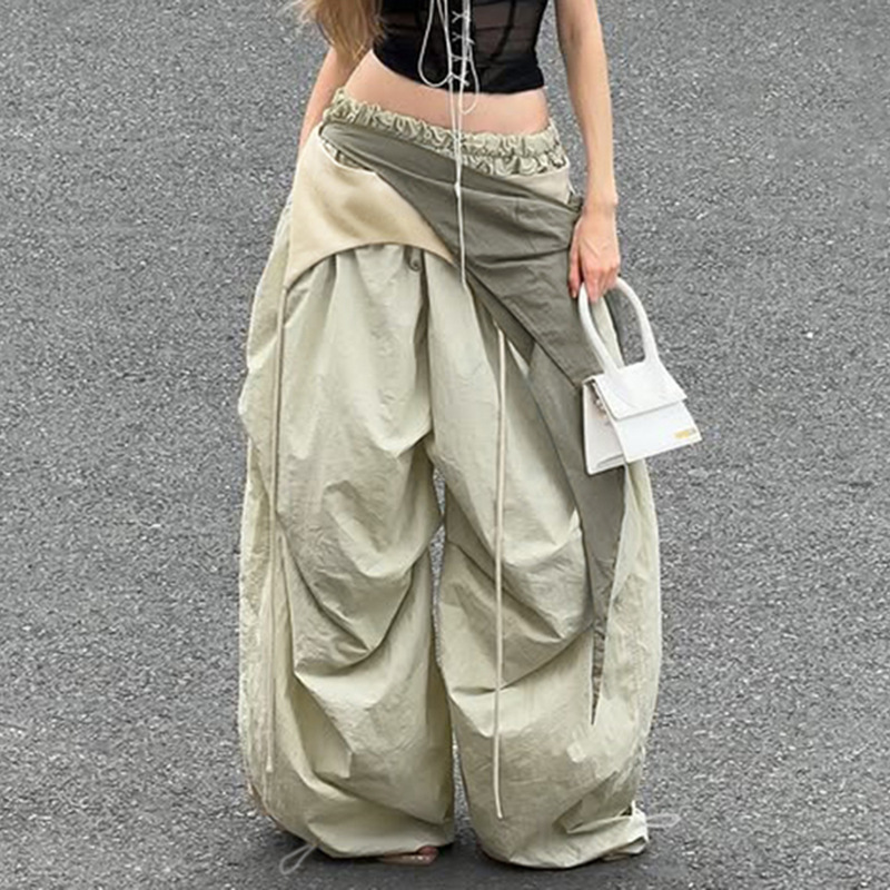 西海岸风欧美辣妹褶皱飘带工装裤小众设计街头宽松慵懒休闲长裤女|undefined
