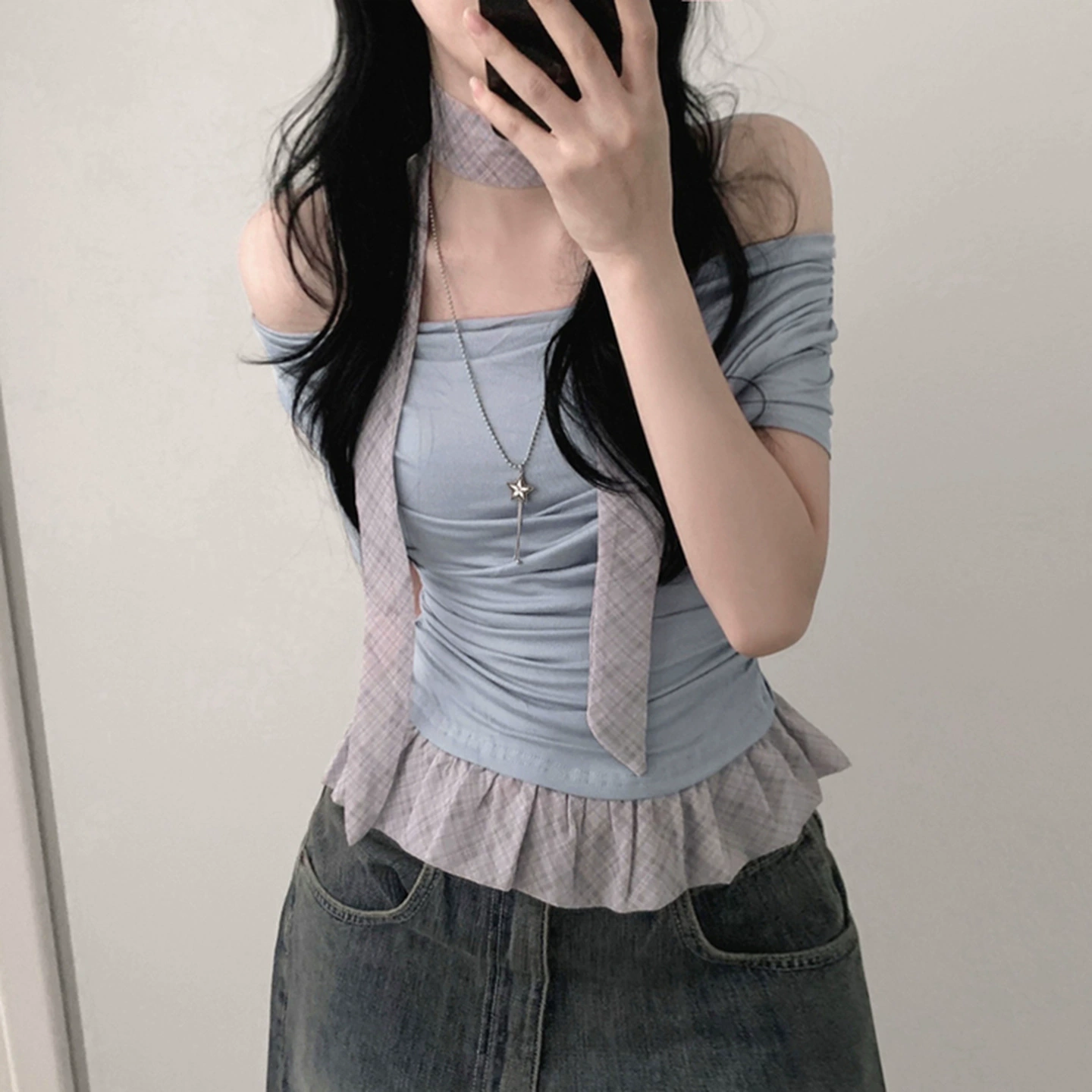 Внешняя торговля Корейский стиль Pure Desire Style Однолинейный воротник с короткими рукавами Футболка нишевого дизайна с лентой из двух частей в клетку