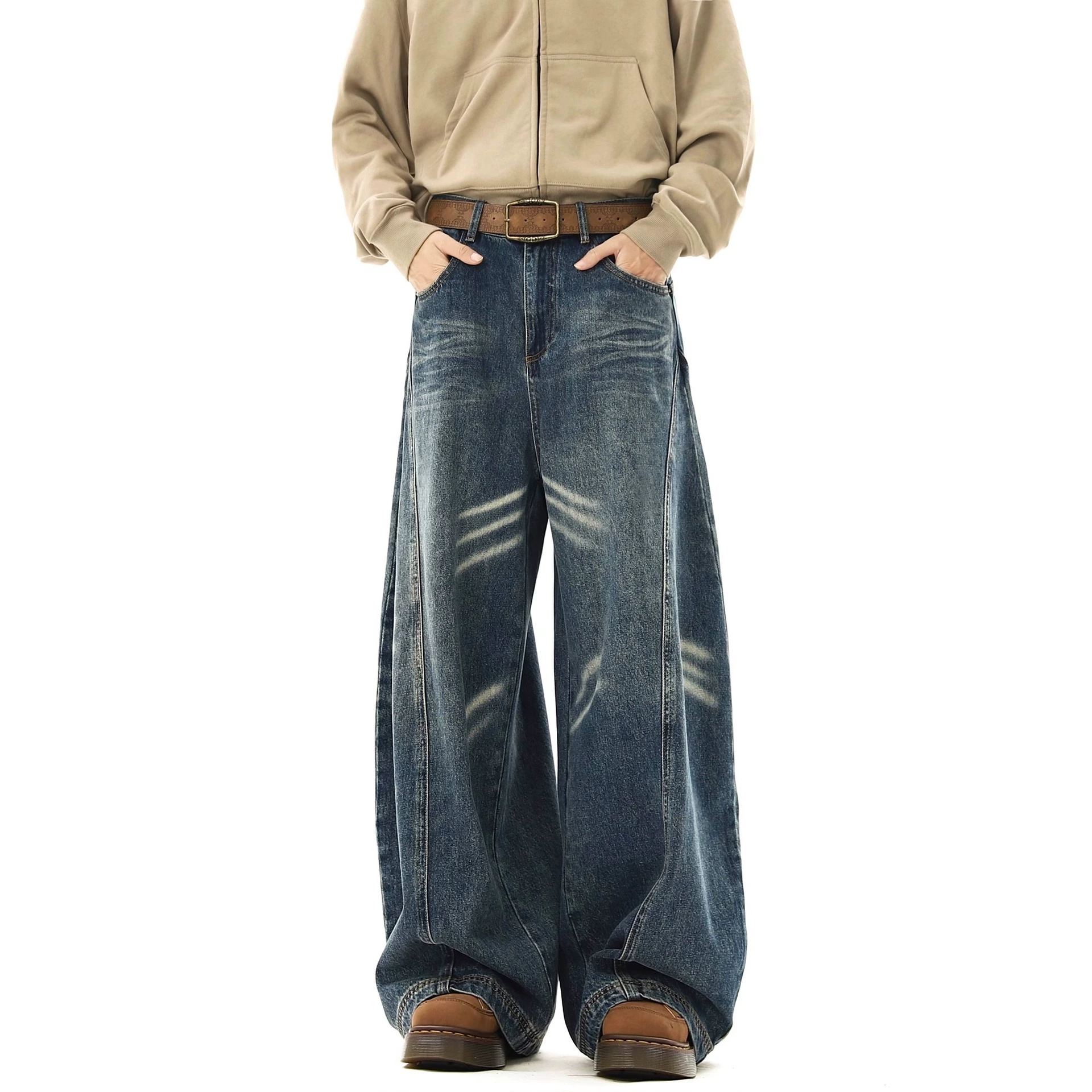 Retro design jeans, trousers, American style, trend of season, loose straight fit