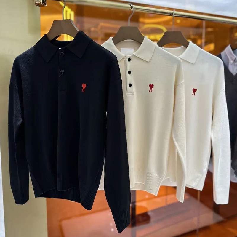跨境ami针织衫polo领男女情侣25年秋冬新款翻领小爱心刺绣羊毛衣|undefined