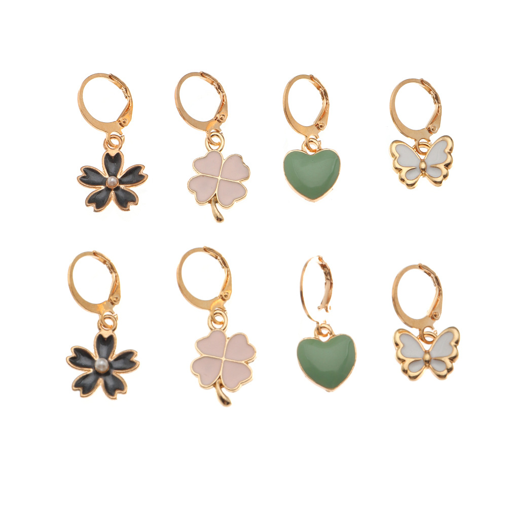 Fashion Cute Clover Butterfly Heart Drop Oil Pendant Children's Ear Clip 4 Pairs display picture 6