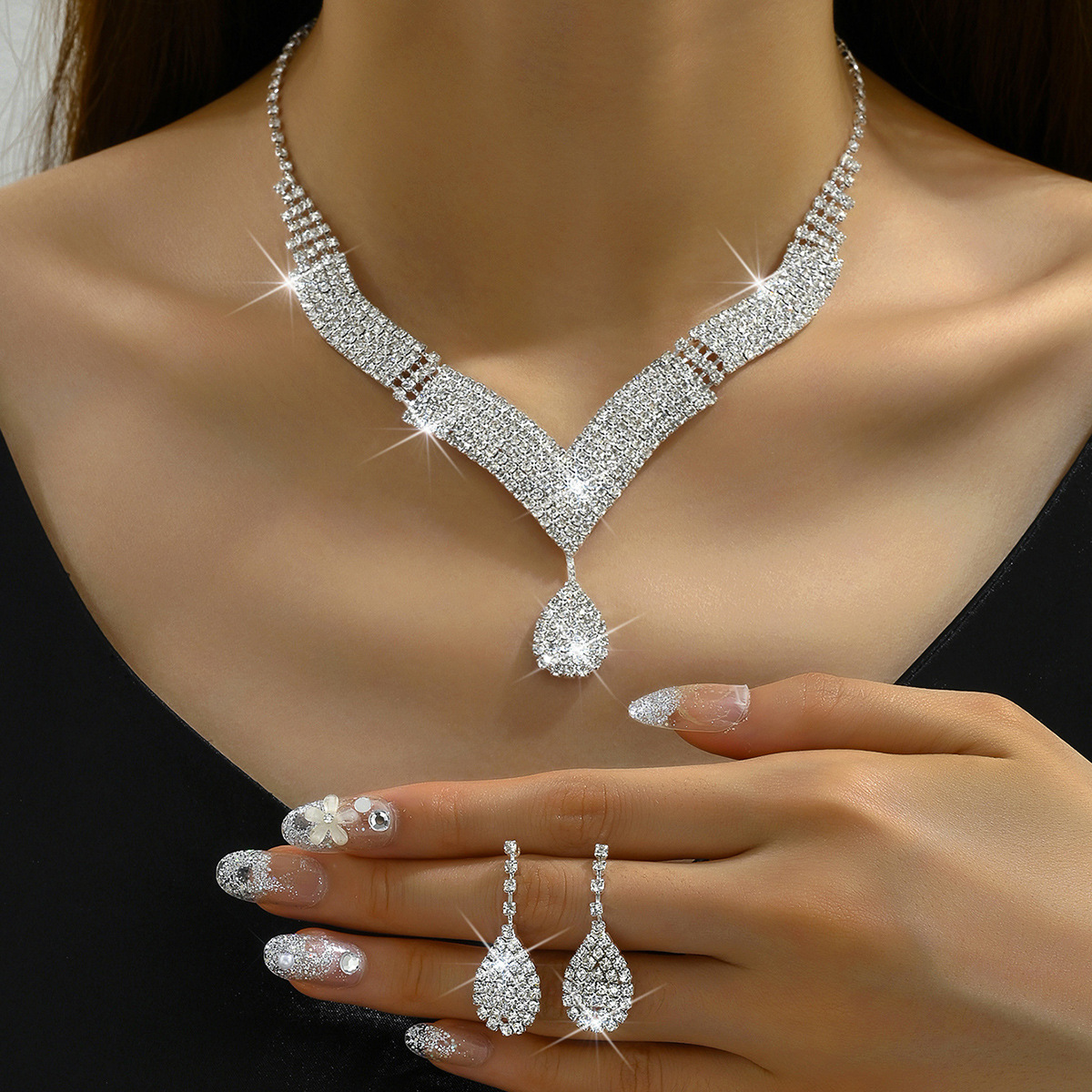 Elegant Bridal Jewelry Set with V-Neck Necklace & Earrings