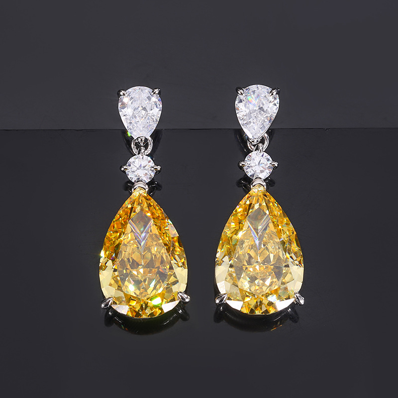 Zhuang Shengsheng Jewelry S925 todo el cuerpo plata con alto contenido de carbono diamante atardecer amarillo pendiente de gota de agua de alta calidad pendiente mujer 12*18