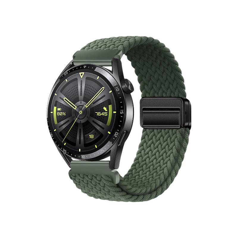 Correa de reloj deportiva trenzada de nailon con hebilla magnética de cuatro puntos y anilla metálica, compatible con las series Huawei, Samsung y Garmin.