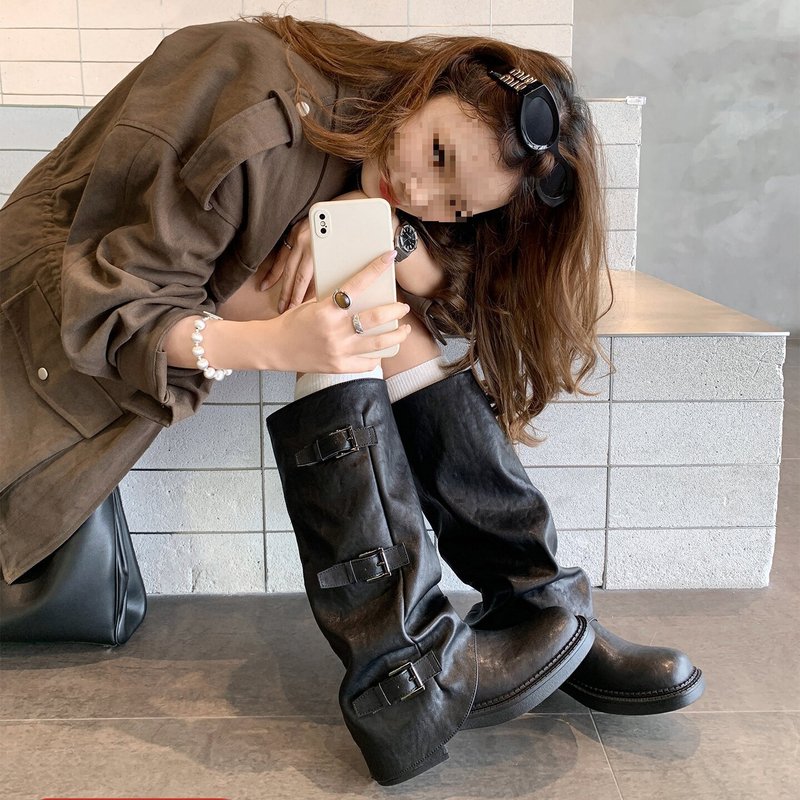 Hot Girl Style Booties~5.5Cm Height-Increasing Thick-Soled Long Boots for Women, Mid-Calf Belt Buckle Western Riding Boots, Slouchy Boots for Women Hot Girl Style Booties~5.5Cm Height-Increasing Thick-Soled Long Boots for Women, Mid-Calf Belt Buckle Western Riding Boots, Slouchy Boots for Women