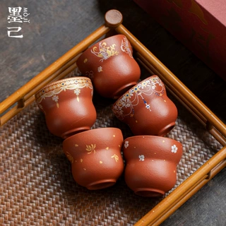 墨己原矿紫砂朱泥葫芦茶杯功夫茶具陶瓷烫金品茗杯纹样花纹单杯