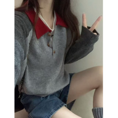 木四 100%全羊毛Polo翻领针织衫女撞色软糯学院羊毛毛衣濮院M6607