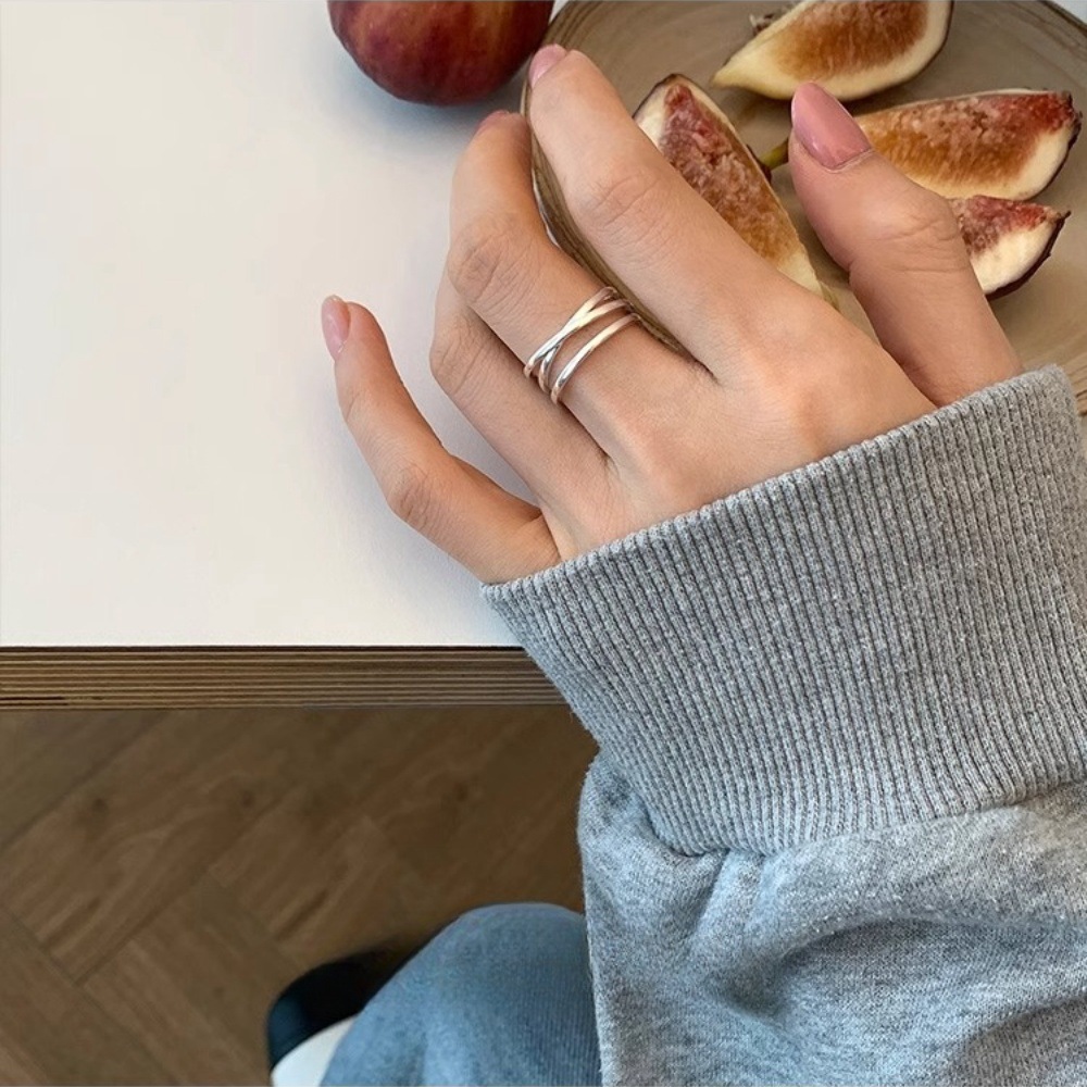 韩国简约小众设计感纯银交叉冷淡风戒指时尚个性食指戒可调节手饰