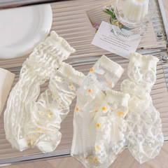 Summer thin white crew socks for women, glass fiber, Instagram influencer, small flower fairy style, daisy stack socks