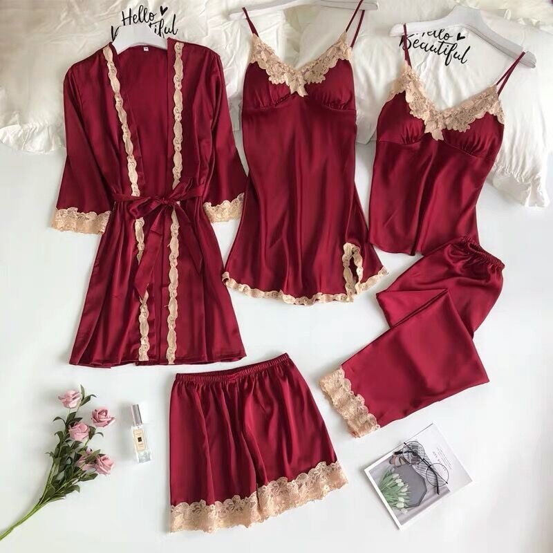 Ice Silk Pajamas with Breast Pads for Women, Spring, Summer and Autumn, Sexy Silk Slim-Fitting Suspender Nightgown, Five-Piece Set, Home Wear Ice Silk Pajamas with Breast Pads for Women, Spring, Summer and Autumn, Sexy Silk Slim-Fitting Suspender Nightgown, Five-Piece Set, Home Wear