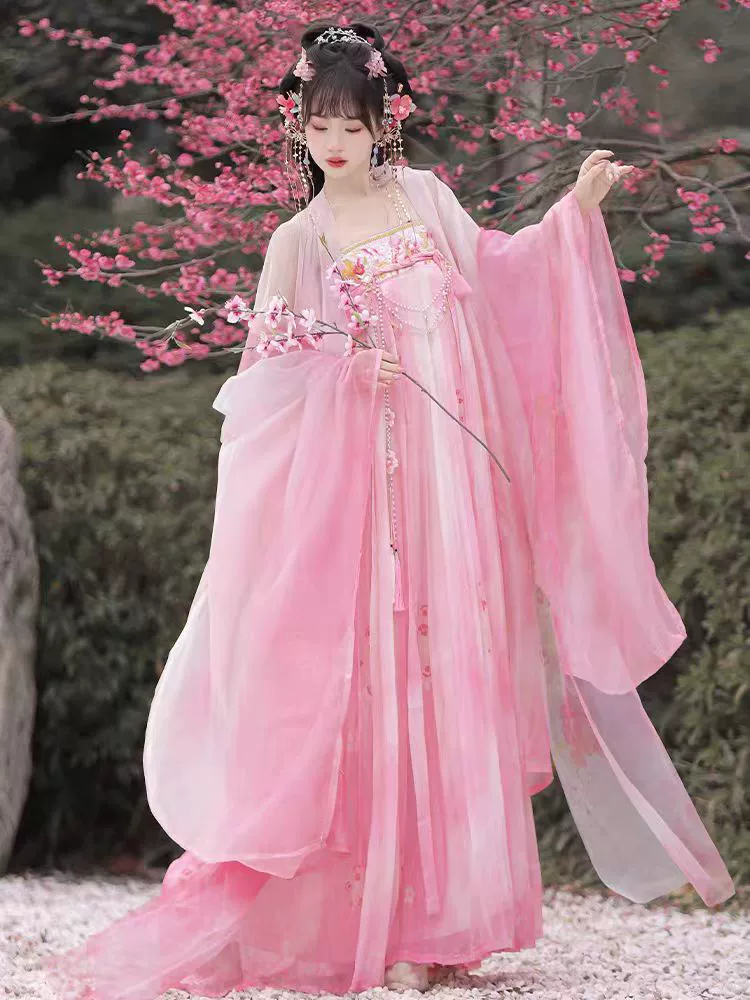 Spring and summer style [Flower all over the sky] Hanfu women's Tang Dynasty-made chest-length skirt embroidered large sleeve shirt fresh daily ancient costume