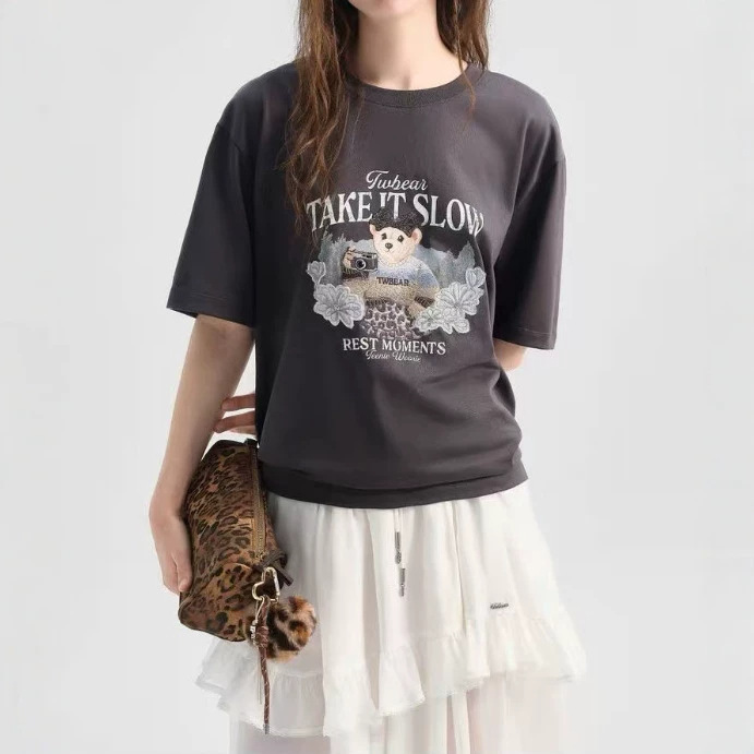 2026 New Summer Women's Clothing College Fashion Retro Casual Round Neck Short-Sleeved T-Shirt Ttra26A37A230K