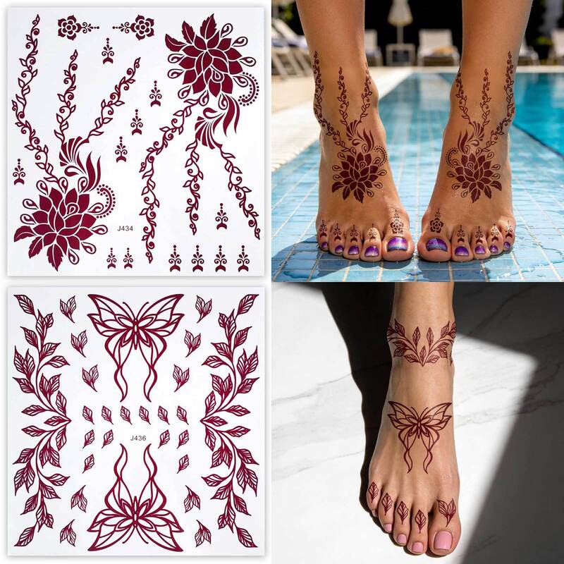 Ethnic style henna tattoo stickers, henna pattern foot stickers, brown and white dual-color body decoration stickers, temporary tattoo stickers Ethnic style henna tattoo stickers, henna pattern foot stickers, brown and white dual-color body decoration stickers, temporary tattoo stickers