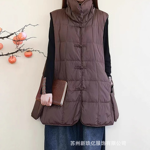 2024 Winter New Chinese Buckle Down Vest Women's Ethnic Style Retro Laps Long Loose Vest