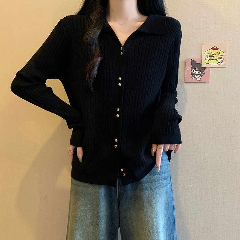 Jingya ポロカラートップ女性の秋の韓国スタイル長袖ニットカーディガン女性のセーターはお腹をカバーし、スリムでスタイリッシュなトップス|undefined