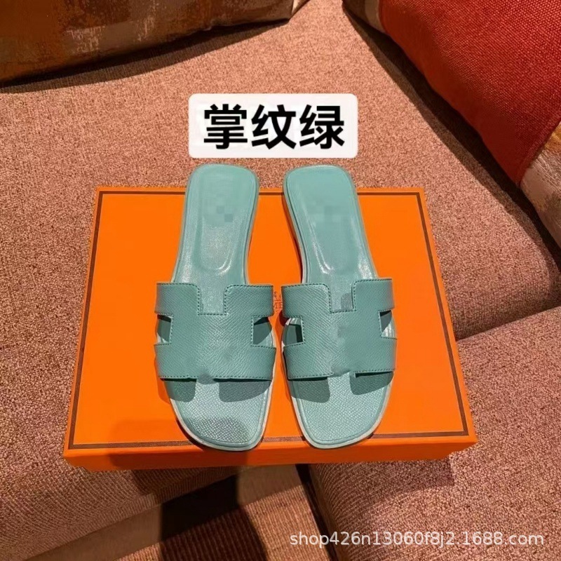 外贸经典款H家拖鞋女夏季高版本休闲一字型羊皮平底拖鞋批出货快|undefined