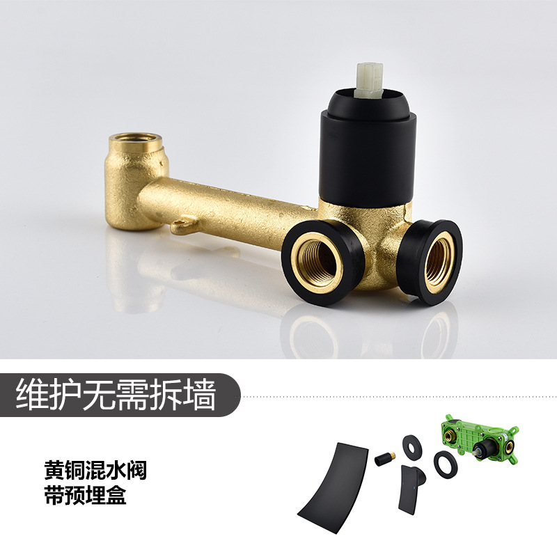 跨境黑色拉絲金色入牆式外貿冷熱瀑布牆排出水龍頭暗裝洗臉盆全銅