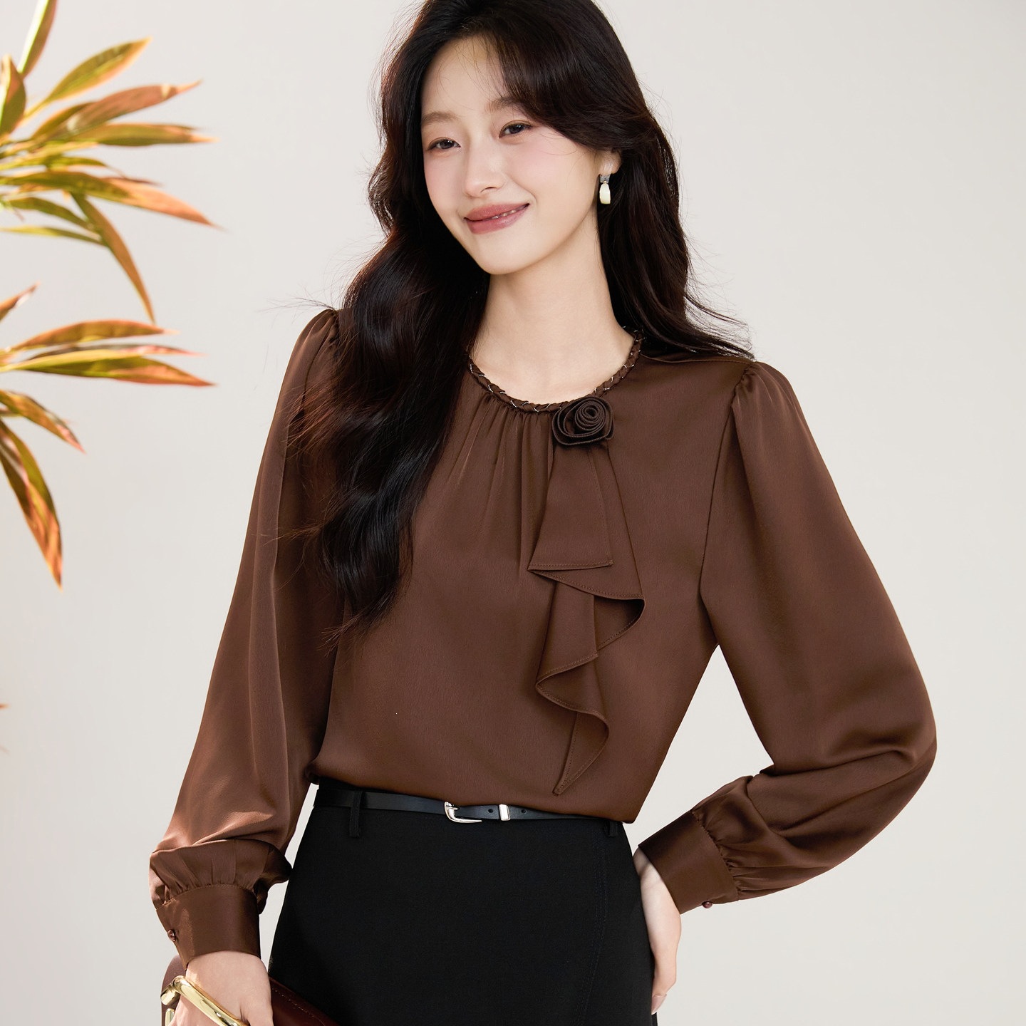 2026 Autumn New Style Bow-Knot Ruffled Long-Sleeved Chiffon Blouse for Women, Slimming and Stylish Top 2959