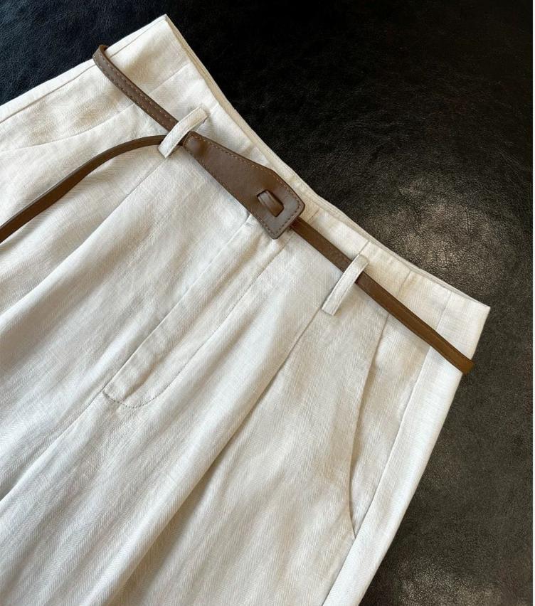 Quần culottes nữ ống rộng dáng suông chất liệu tơ tằm phối sợi lanh mùa hè — Màu sắc, màu kaki chi tiết 3