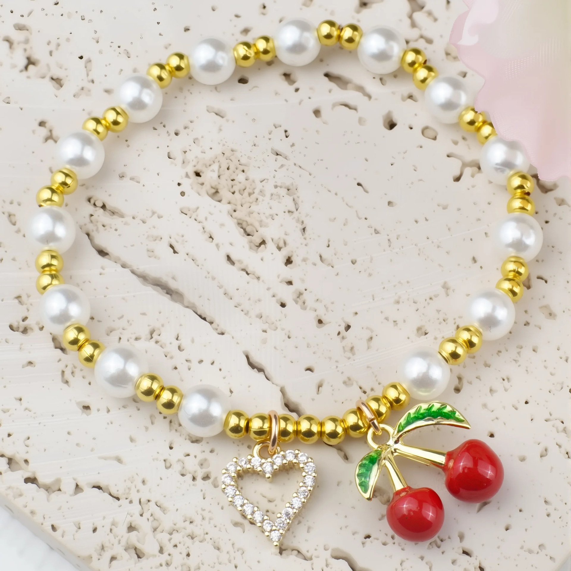 Plating Design Cute Cherry 304 Stainless Steel Beaded Chain Bracelets In Bulk
