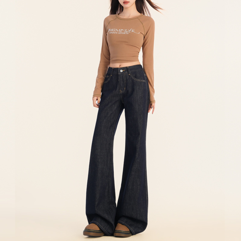 2025 Spring and Autumn New American Style Dark Blue Mid-Waist Wide-Leg Slightly Flared Jeans Women's Loose Drapey Straight-Leg Pants