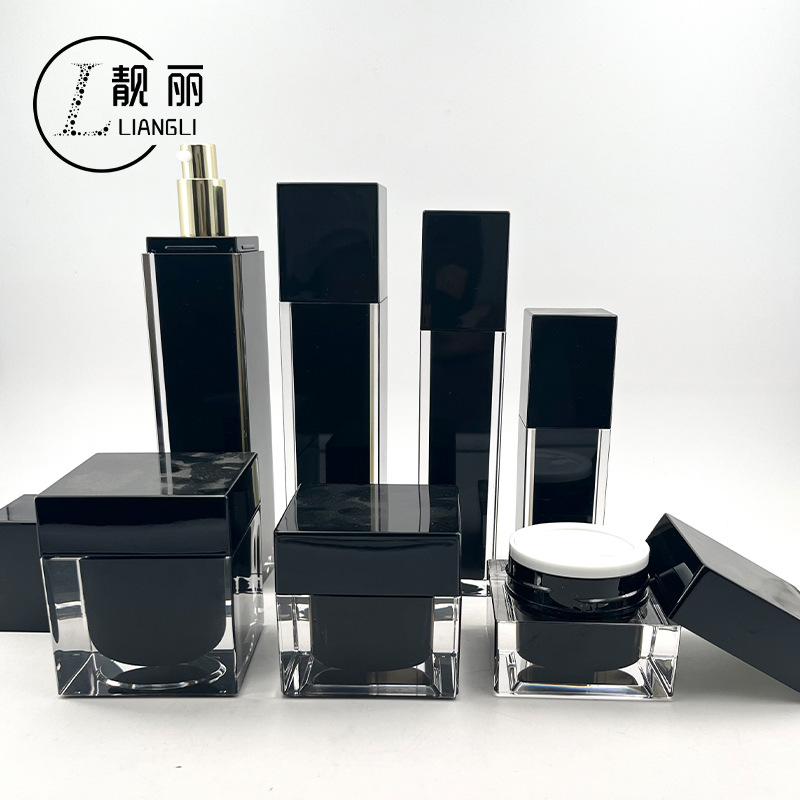 厂家直销亚克力黑色乳液精华正四方瓶分装膏霜瓶套装包材