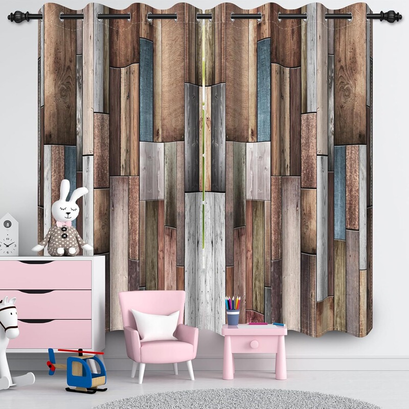 2 Pieces of Vintage Country-Style Wood Grain Window Curtains, Suitable for Living Room and Bedroom, Wooden Floor Curtains, Eyelet Thermal Insulation Type 2 Pieces of Vintage Country-Style Wood Grain Window Curtains, Suitable for Living Room and Bedroom, Wooden Floor Curtains, Eyelet Thermal Insulation Type