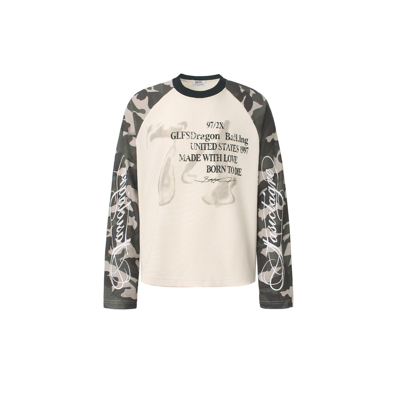 W386 American-style trendy retro high-end high-street color-blocking camouflage design men's loose waffle long-sleeve T-shirt