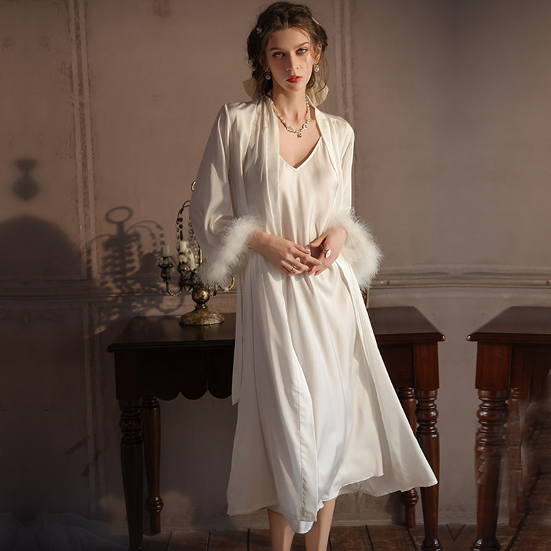 Extended-Length Camisole Nightgown and Robe Two-Piece Set, Ice Silk Sleepwear, Long French-Style Dress, Ice Silk Loungewear for Women