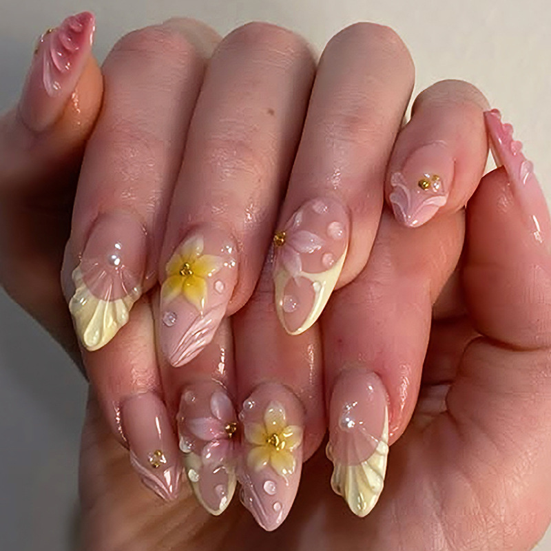 Cross-Border Hot-Selling Blush-Colored Wearable Nail Tips 3D Flower Nail Art Fake Nails Short Almond Nail Tips Wholesale Cross-Border Hot-Selling Blush-Colored Wearable Nail Tips 3D Flower Nail Art Fake Nails Short Almond Nail Tips Wholesale