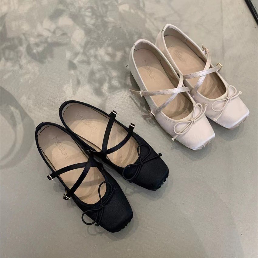 Retro Gentle Fairy with Skirt Low Heel Square Toe Bow One-Strap Shoes for Women 2025 New Ballet Style Women's Shoes