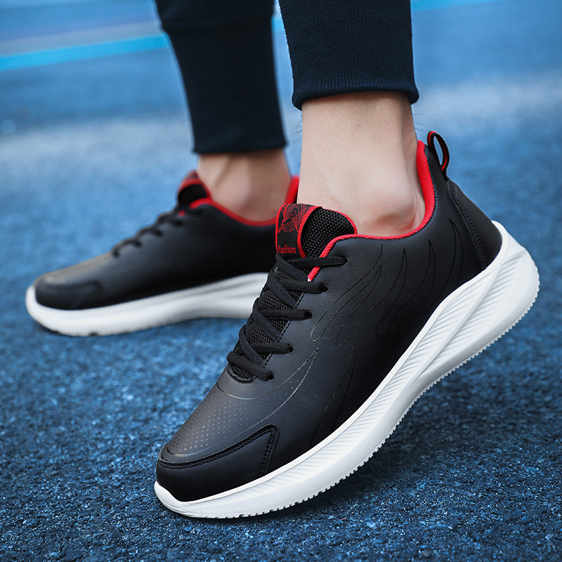 All Black Sports Men's Shoes 2024 Autumn and Winter New Leather Waterproof Non-slip Running Shoes Men's Casual Shoes with Soft Sole