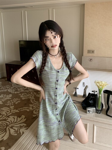 3319 #Pure desire sweet and spicy color stripe short-sleeved dress for women, summer French single-breasted small short skirt, hot girl