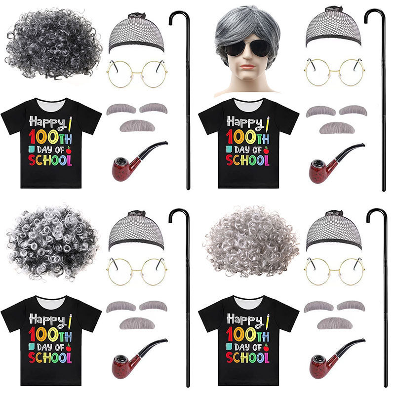 Amazon Cross-border Hot Selling Grandpa Wig 100 Days School Clothing Children's Grandpa Wig Set