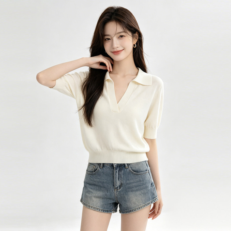Old Money Style Slim-Fit Polo Collar Knit Mid-Sleeve T-Shirt for Women, New Summer Model, Understated and Intellectual Outfit Top Old Money Style Slim-Fit Polo Collar Knit Mid-Sleeve T-Shirt for Women, New Summer Model, Understated and Intellectual Outfit Top