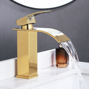 Golden Basin Waterfall Faucet Hot and Cold Water Countertop Basin Faucet Wash Basin Stainless Steel Mirror Rose Gold Faucet