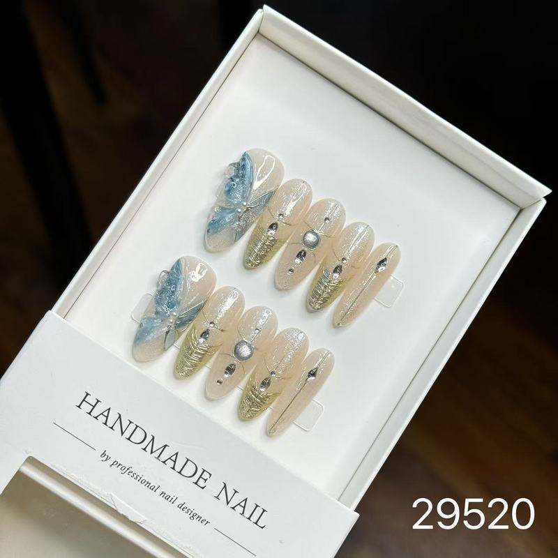 【純手作りのつけ爪29-32】ロングフレンチキャットアイパッチ付け爪、取り外し可能なネイルアートコレクション|undefined