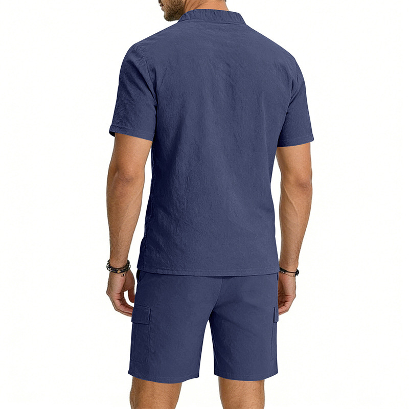 Men's Linen Henley Short Sleeve Shirt & Shorts Set, Breathable Summer Casual Outfit For Outdoor Travel And Daily Relaxation_viptrois.com