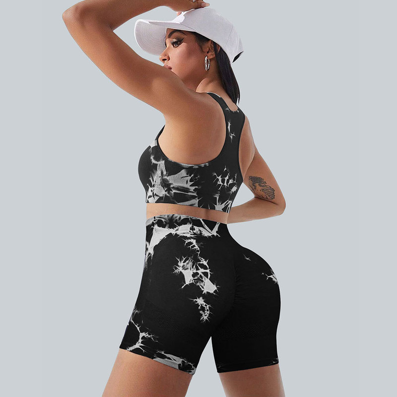 Cross-Border European and American Tight-Fitting Hip-Raising High-Waisted Shorts and Bra Tie-Dye Combination Two-Piece Suit