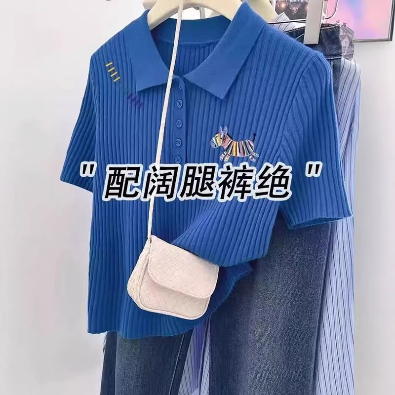 Klein Blue Short-Sleeved Knitwear 26 Summer New Style Casual and Stylish Age-Reducing Slimming Embroidered Top