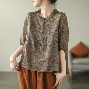 In Stock 3650 Summer Loose Printed Three-Quarter Sleeve Shirt Lace Linen Pullover Shirt